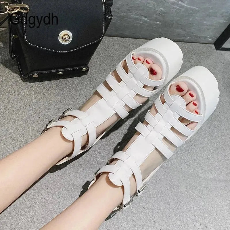 Strappy Roman Platform Heels Sandals Closed Toe Leather Dress Sandals