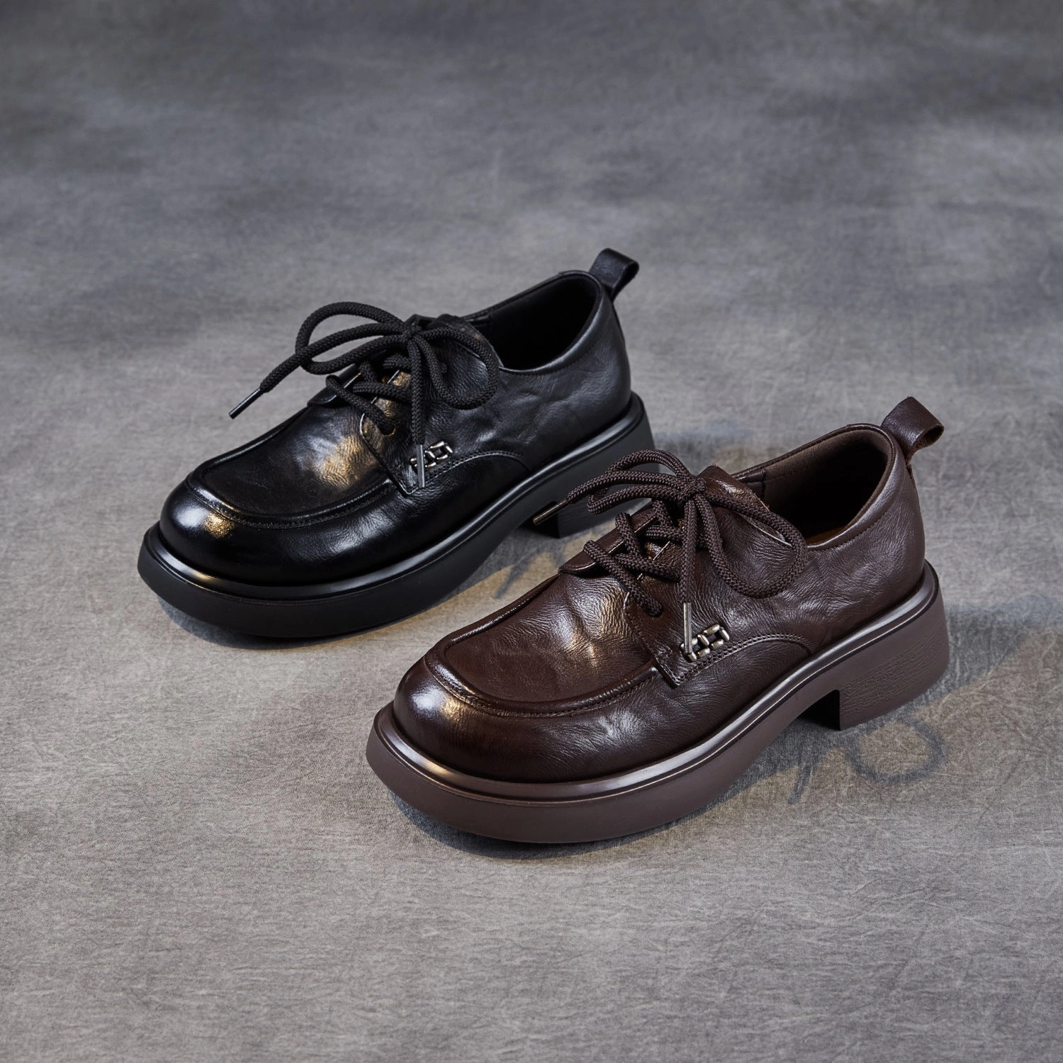 Women's Retro Plain Leather Casual Lace-up Loafers Barefoot Loafers