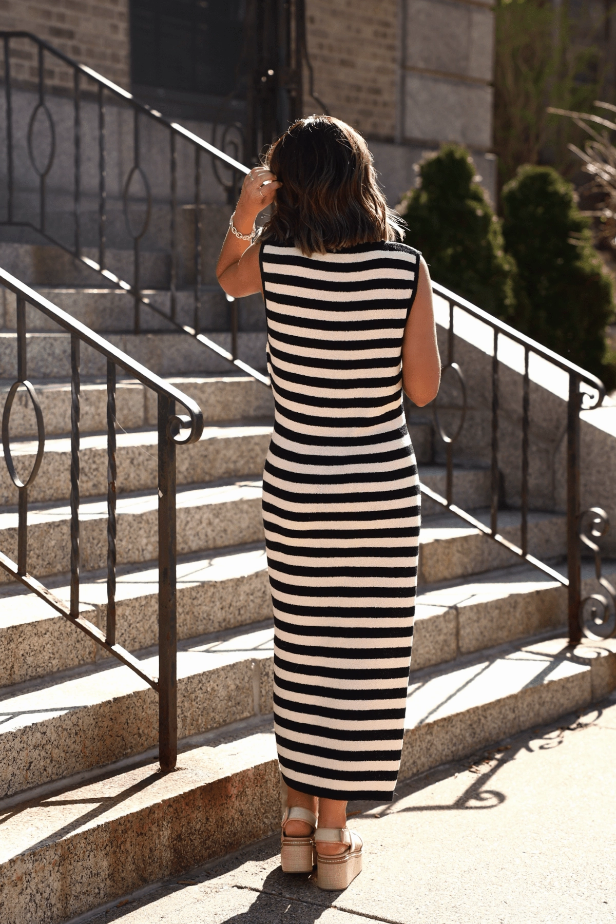 Sandals Rhythm And Blues Sleeveless Black and Beige Striped Midi Dress - FINAL SALE
