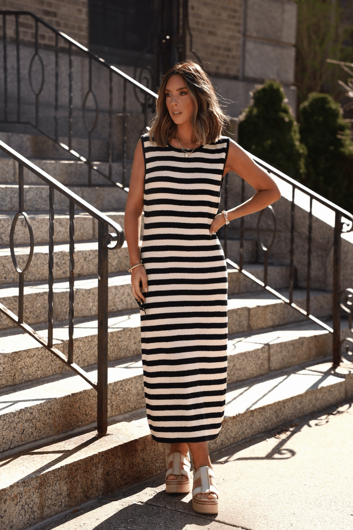 Sleeveless Black and Beige Striped Midi Dress - FINAL SALE Impo Stretch Sandals