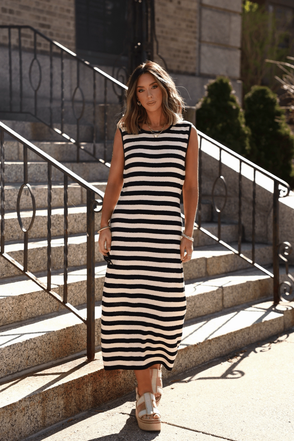 Camera Platform Sandals Sleeveless Black and Beige Striped Midi Dress - FINAL SALE