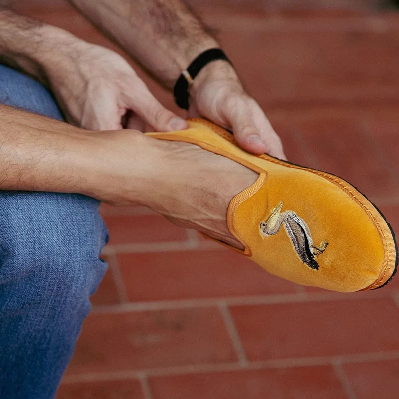 Loafers With Silver ISSIMO x Allagiulia Mustard Velvet Loafers with Pellican Embroidery