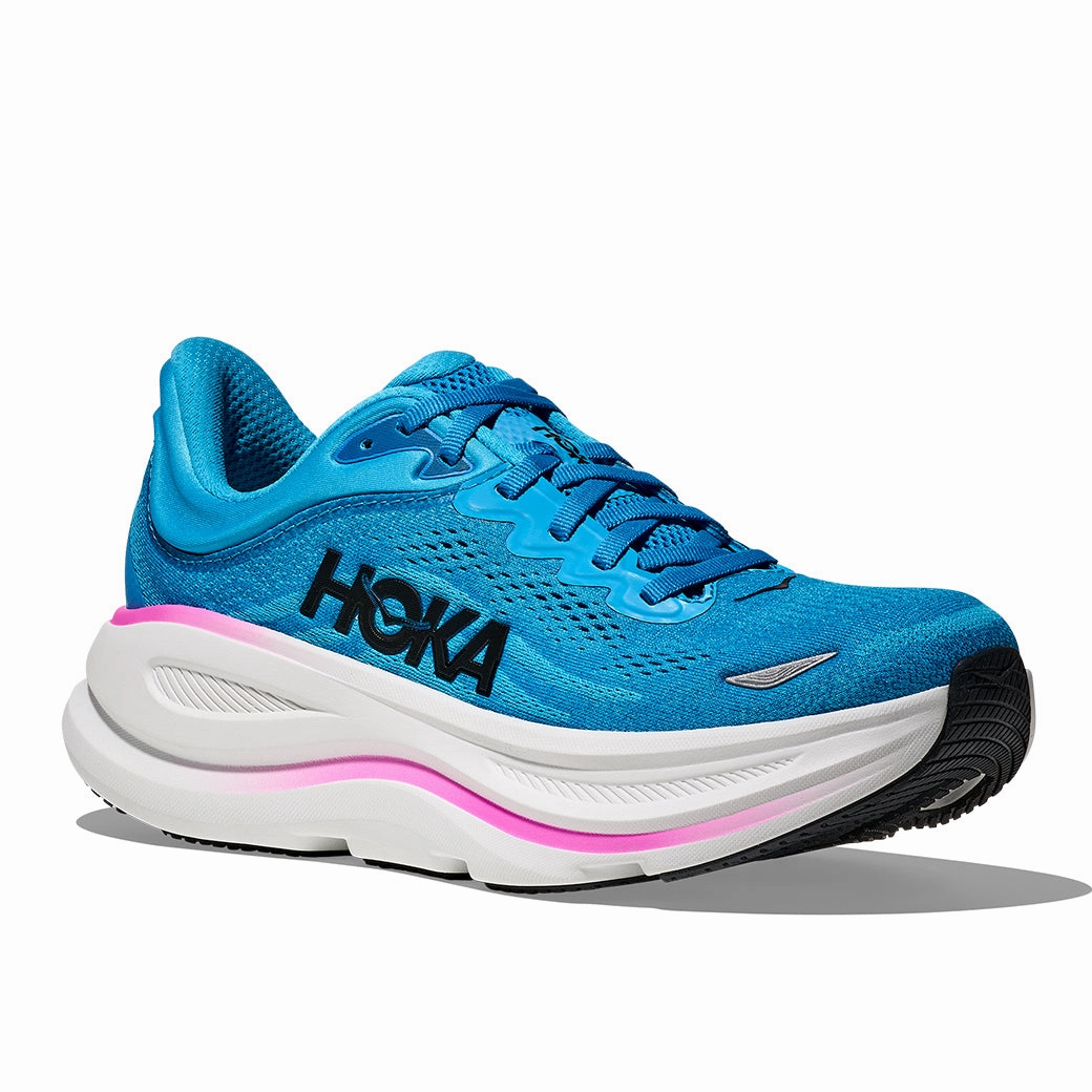 Womens Hoka Bondi 9 in Skyward Blue / Neon Fuchsia Contact Number