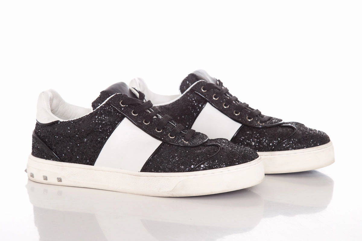 Valentino Black Glitter Rockstud Sneakers SZ 38.5