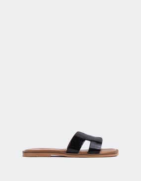 Valmy Black Patent Slides Sandals