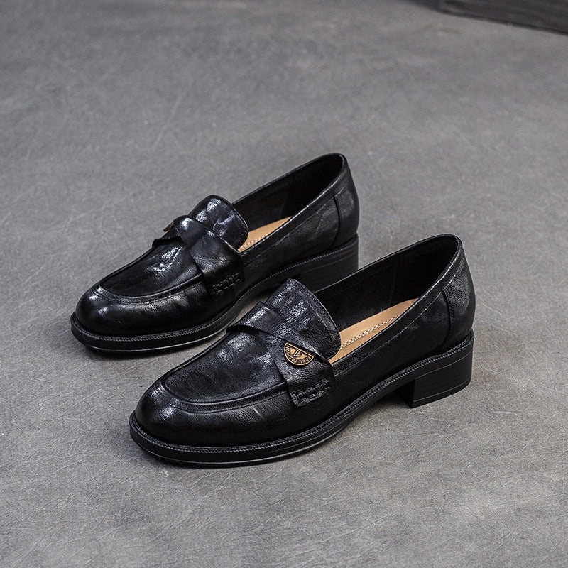 Women Leather Casual Low Block Retro Loafers Business Casual With Loafers