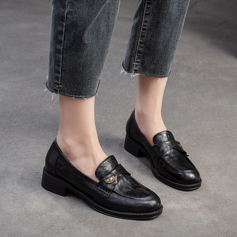 Loafers Business Casual Women Leather Casual Low Block Retro Loafers