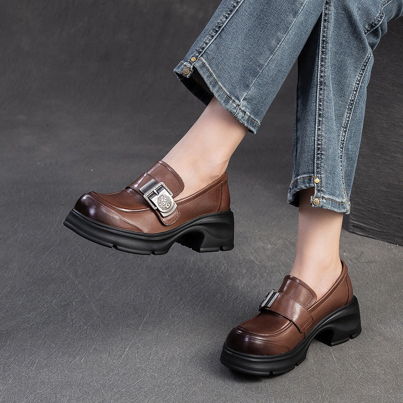 Women Retro Buckle Leather Chunky Heel Loafers Summer Penny Loafers