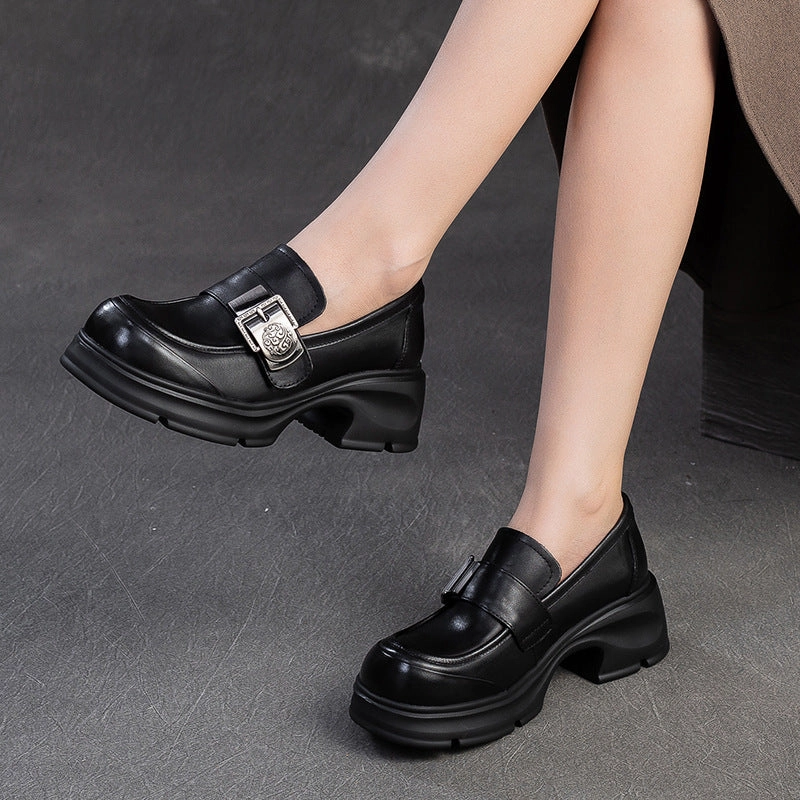 Penny Loafers Designer Women Retro Buckle Leather Chunky Heel Loafers