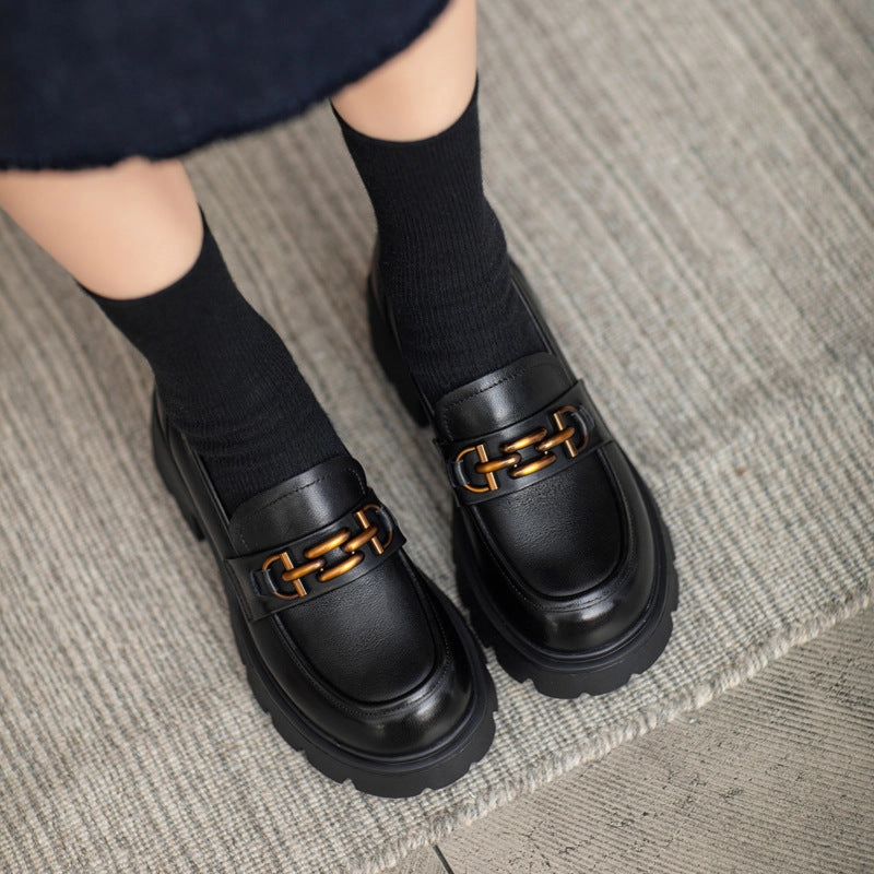 Loafers With Shorts And Socks Women Retro Chain Leather Chunky Platform Loafers