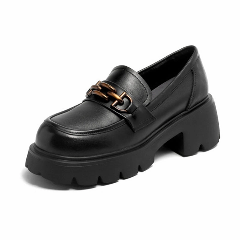 Women Retro Chain Leather Chunky Platform Loafers Channel Loafers