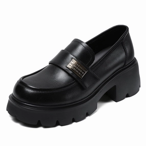 Plain Loafers Women Retro Leather Chunky Platform Casual Loafers
