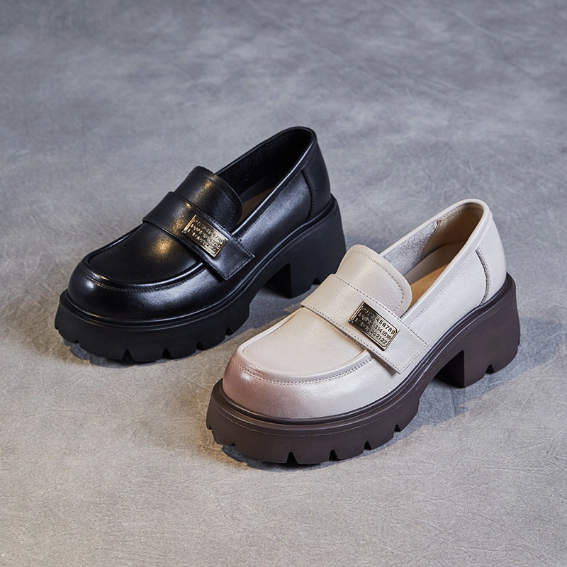 Women Retro Leather Chunky Platform Casual Loafers Light Tan Loafers