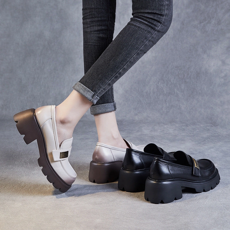 Italian Driving Loafers Women Retro Leather Chunky Platform Casual Loafers