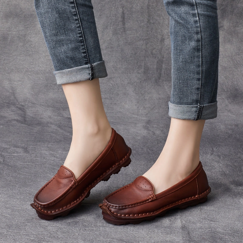 Loafers Shoes Leather Women Retro Leather Handcraft Lug Sole Loafers