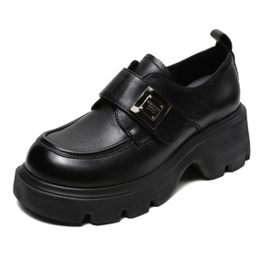 Platforms Loafers Women Retro Leather Velcro Tape Chunky Platform Loafers