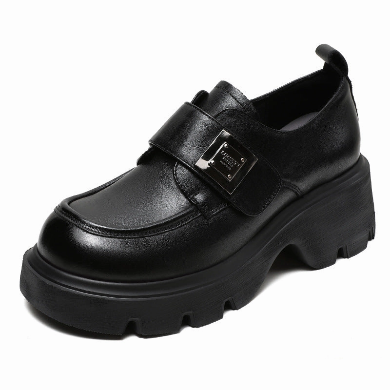 Loafers With Skirt Women Retro Leather Velcro Tape Chunky Platform Loafers