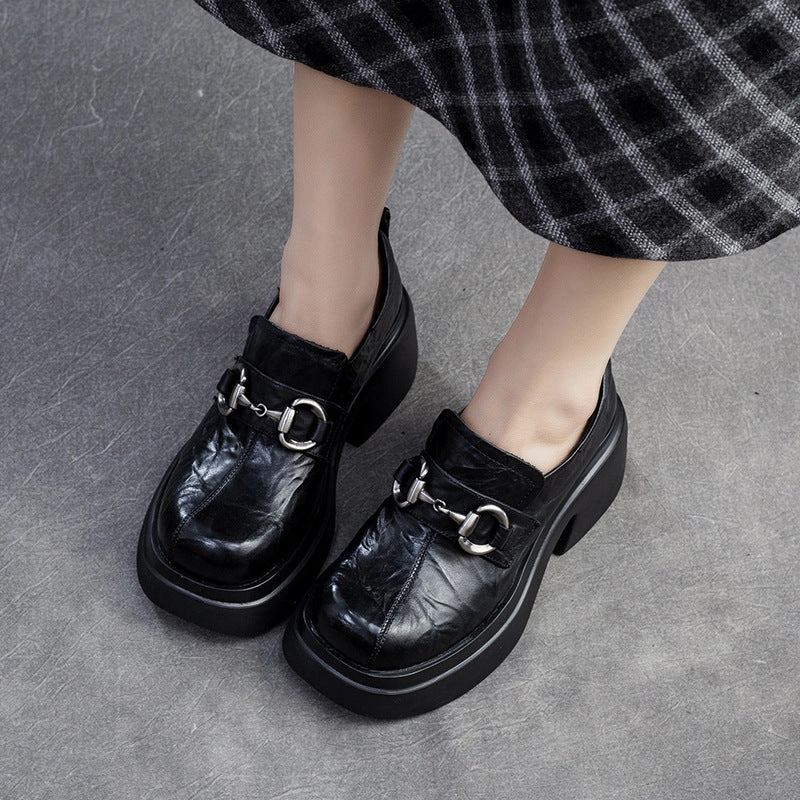 Affordable Loafers Women Retro Pleated Leather Chunky Heel Loafers