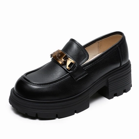 Armani Shoes Loafers Women Stylish Metal Buckle Leather Thick Soled Loafers